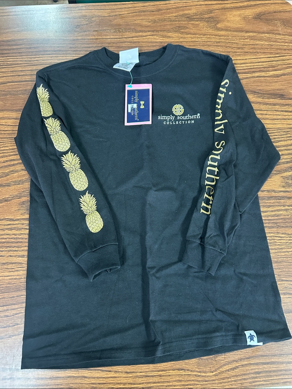 Simply Southern Black Long Sleeve Tee with Gold Pineapple Sleeves